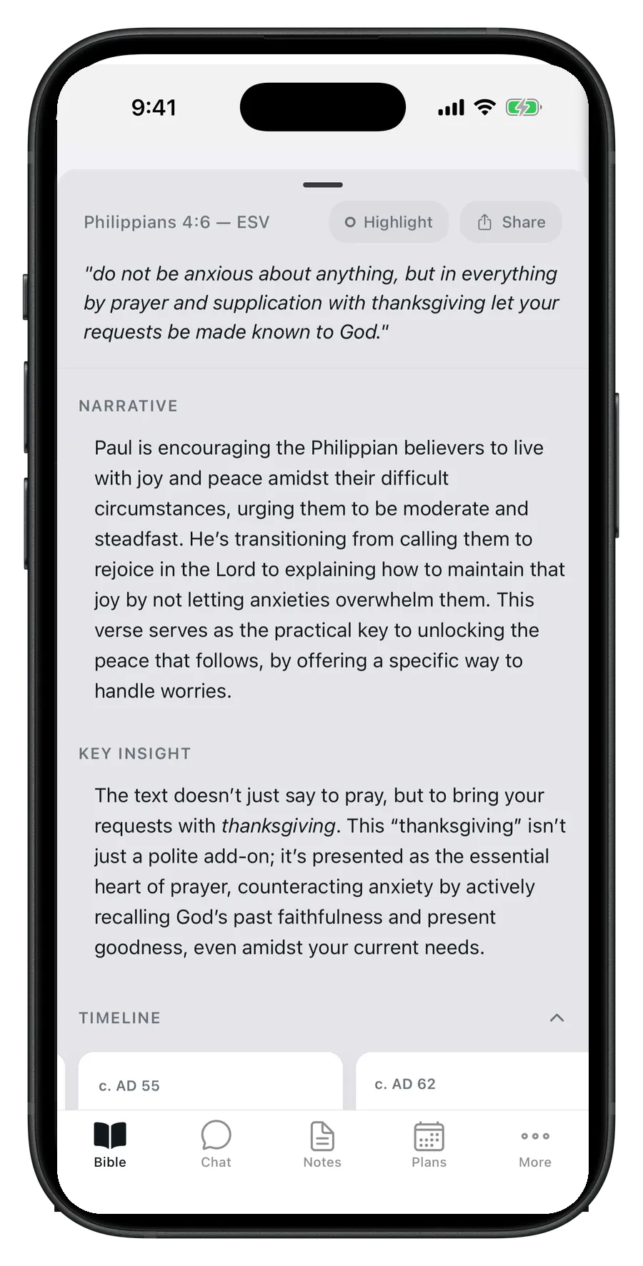 Sola study view of Philippians 4:6 with narrative, key insight, and timeline